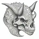 A triceratops skull with intricate dotwork patterns, representing the complexity of paleontology tattoo design idea
