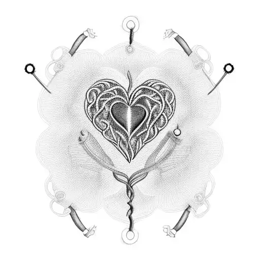Create a blackwork tattoo of a blooming anatomical heart with a wire whisk representing baking. Include the name Vicente subtly and creatively within the heart. tattoo design idea