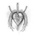 Create a sketch-style tattoo featuring an upward blooming anatomical heart. Include a wire whisk representing baking extending from the heart. Incorporate the name Vicente subtly and creatively within the heart. tattoo design idea