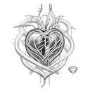 Create a sketch-style tattoo featuring an upward blooming anatomical heart. Include a wire whisk representing baking extending from the heart. Incorporate the name Vicente subtly and creatively within the heart. tattoo design idea