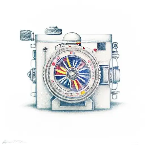 an old movie camera in the center of the brighest place in the universe tattoo design idea