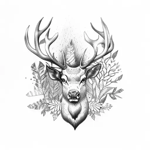  majestic stag in a forest with antlers becoming flowers  tattoo design idea