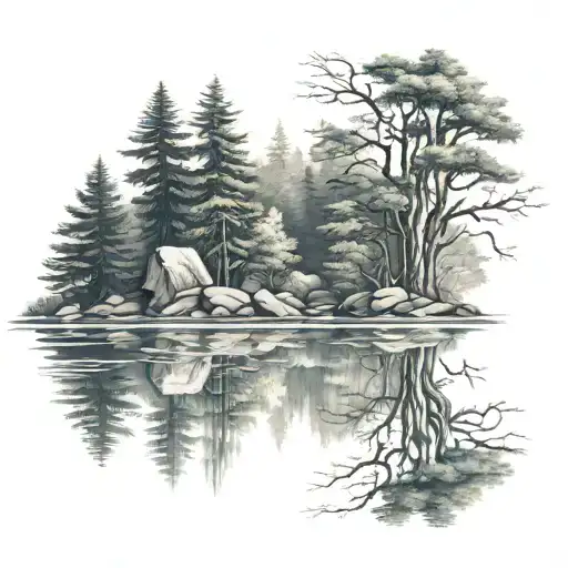 A realistic tattoo of a serene lake surrounded by trees, reflecting the calming effect of water and nature on the soul tattoo design idea