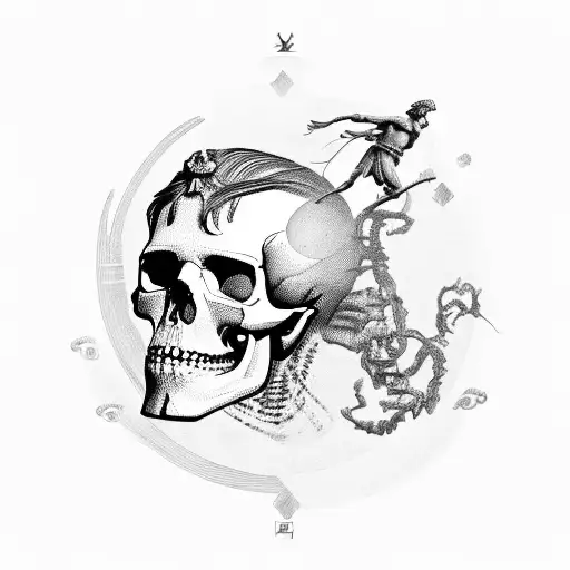 half skull with alexander the great statue and zue lightning tattoo design idea