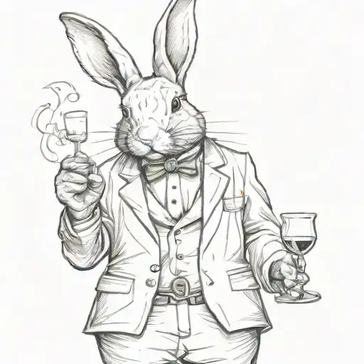 vintage rabbit standing up, wearing glasses, cane under arm, smoking, holding a sherry wine glass. tattoo design idea