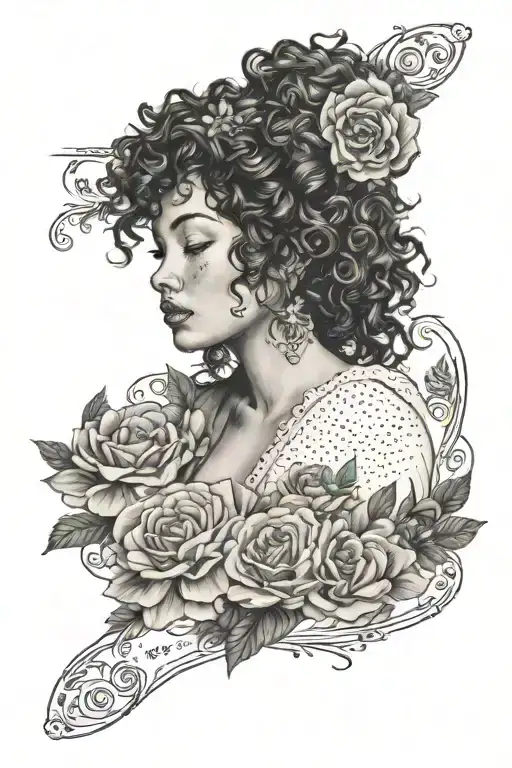 arm sleeve tattoo featuring woman face with freckles and curly hair, a lot of elegant flowers, book with quotes tattoo design idea