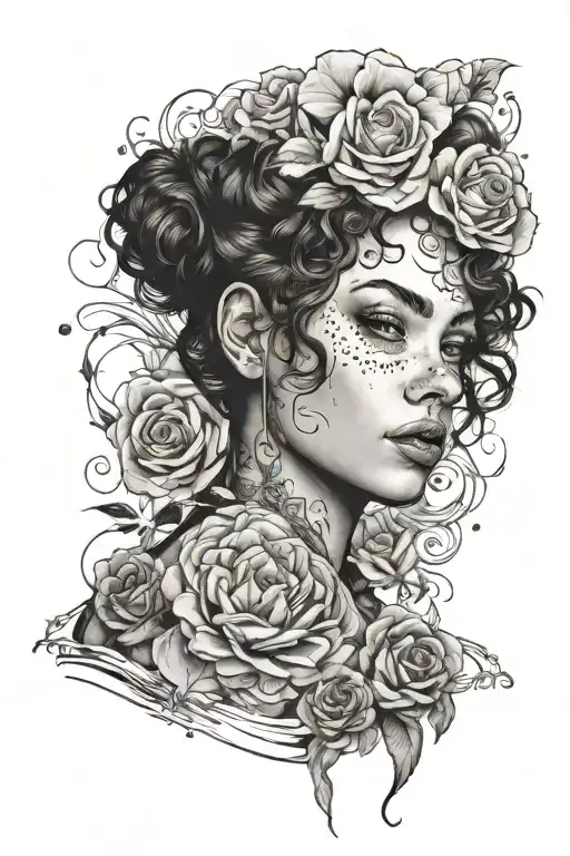 arm sleeve tattoo featuring woman face with freckles and curly hair, a lot of elegant flowers, book with quotes tattoo design idea