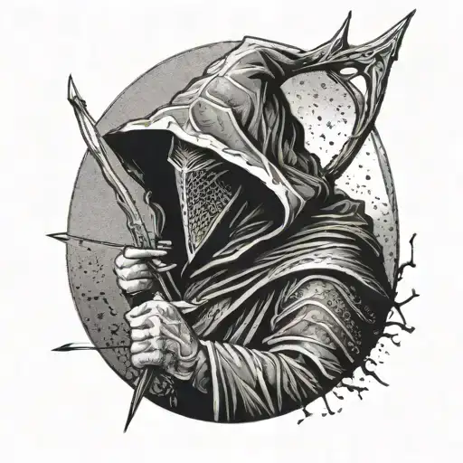 A Nazgul from Lord of the Rings holding a bow with a scar and arrow motif tattoo design idea