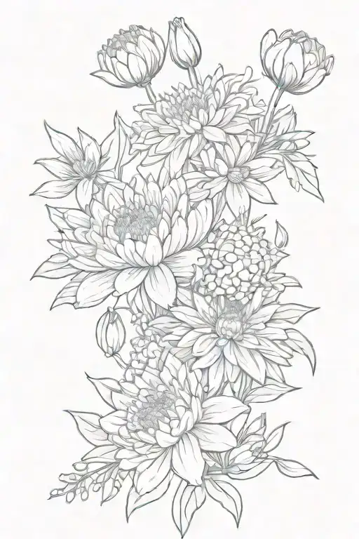 chrysanthemum, aster, snowdrop flower bouquet tattoo tattoo design idea