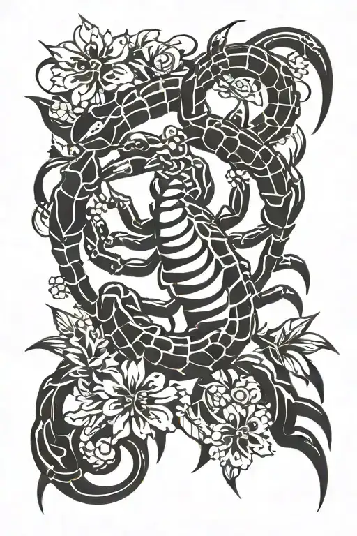 Scorpion with claws, flowers and spines tattoo design idea