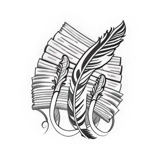 An intricate traditional design of a feather with a stack of books as the quill tattoo design idea