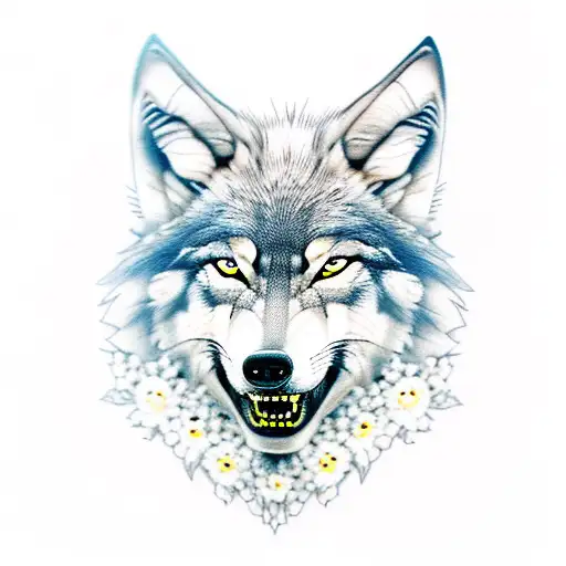 A realistic wolf howling at the moon in a field of flowers tattoo design idea