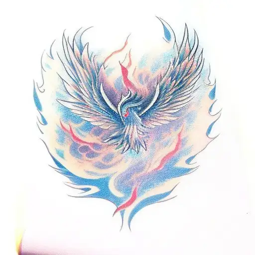 A mystical phoenix emerging from a book with feathers falling around it tattoo design idea