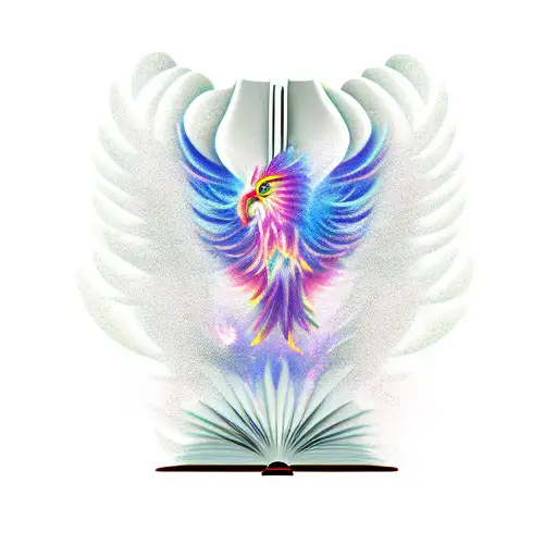 A mystical phoenix emerging from a book with feathers falling around it tattoo design idea