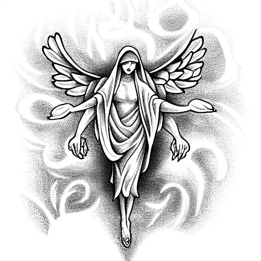 Angel of death surrounded by roses. Star of David framing. tattoo design idea