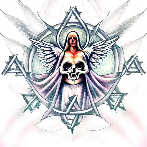 Angel of death ss a nunsurrounded by roses. Star of David framing. tattoo design idea