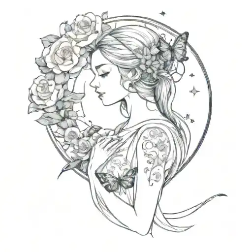 virgo maiden with butterflies flowers and moon tattoo design idea