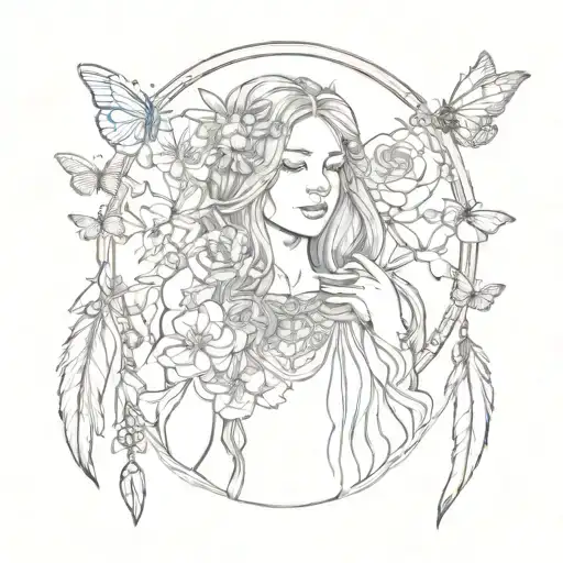 virgo maiden with butterflies flowers and dream catcher and my name "kaye" tattoo design idea