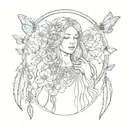 virgo maiden with butterflies flowers and dream catcher and my name "kaye" tattoo design idea