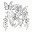 virgo maiden with butterflies flowers and dream catcher and my name "kaye" tattoo design idea