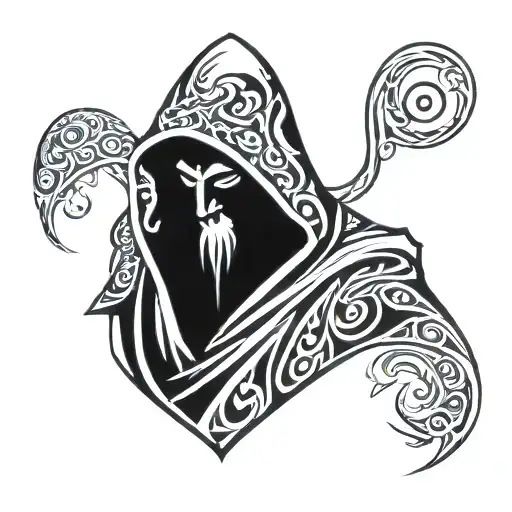 monk figure hood with flame behind it tattoo design idea