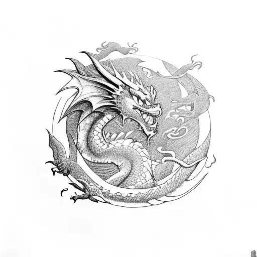 dragons,sun,mountains tattoo design idea