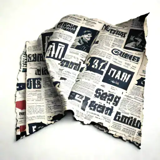 create a tattoo of a small torn piece of a newspaper with headlines and paragraph in black and some red in it tattoo design idea