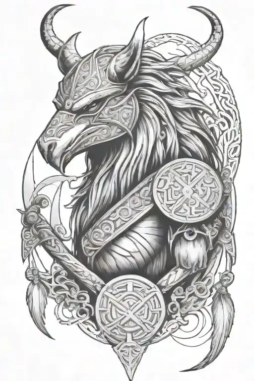 Vikings, web, hammer, crow, valkyr tattoo design idea