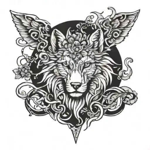 A symbolic representation of mental health struggles and triumphs, intertwined with elements of Medusa and a wolf, refle tattoo design idea