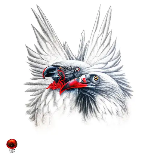 Realistic two-headed raven with red eyes. Make the backdrop a red moon with dark clouds and red lightning. tattoo design idea