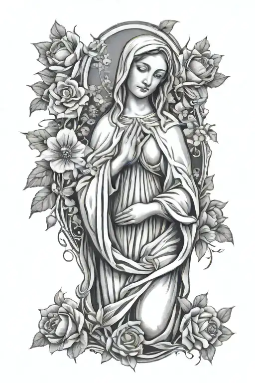 virgin mary surrouded with flowers intertwined tattoo design idea