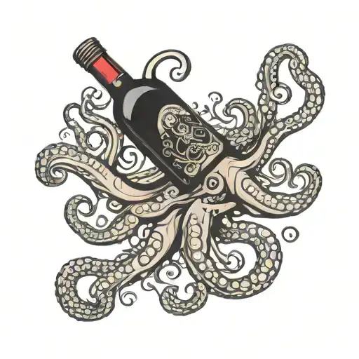 wine bottle and octopus gracefully swimming and captain morgan tattoo design idea