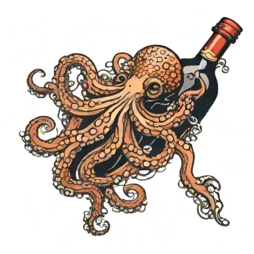 wine bottle and octopus gracefully swimming tattoo design idea