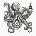 wine bottle and octopus gracefully swimming and Havnsø fisk  tattoo design idea