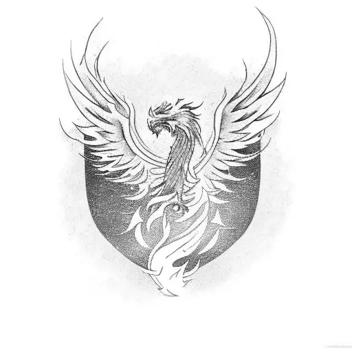 A fiery phoenix rising from the ashes with a hidden dagger symbolizing murder, in a playful and fun composition tattoo design idea