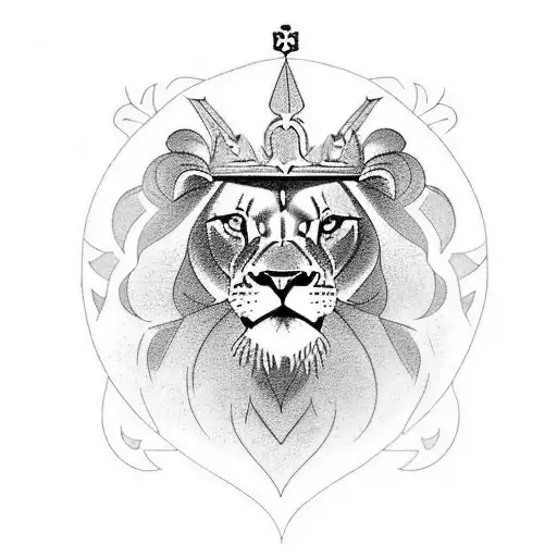 A tattoo design of a powerful and majestic lion with a crown, symbolizing strength and leadership tattoo design idea