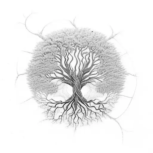 An intricate tattoo design of a tree of life with roots reaching deep into the ground and branches stretching towards the sky, representing spiritual growth and connection to the divine tattoo design idea