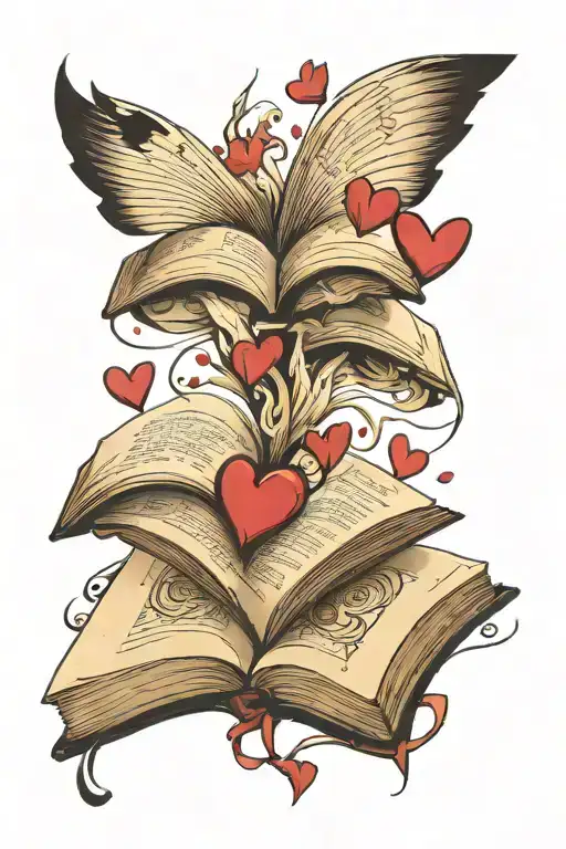 open book with pages that have te vivo floating out of them with hearts tattoo design idea