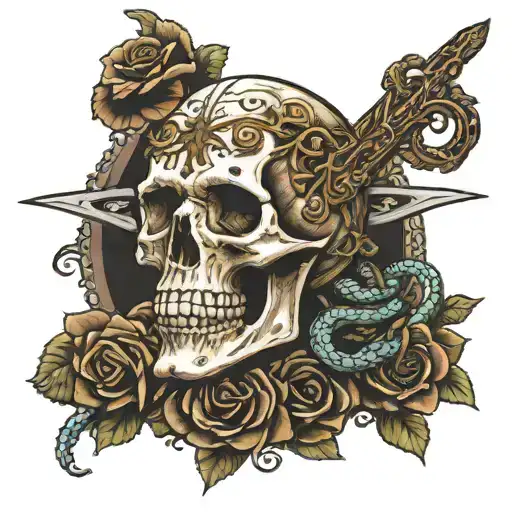 medusas head as the handle of a sword with snakes wrapped around the blade of the sword and black roses surrounding  tattoo design idea