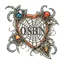 Image of A heart-shaped spider web tattoo with the name "Osbin" spelled out within the web tattoo design idea