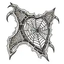 Image of A heart-shaped spider web tattoo with the name "Osbin" spelled out within the web tattoo design idea