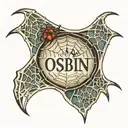 Image of A heart-shaped spider web tattoo with the name "Osbin" spelled out within the web tattoo design idea