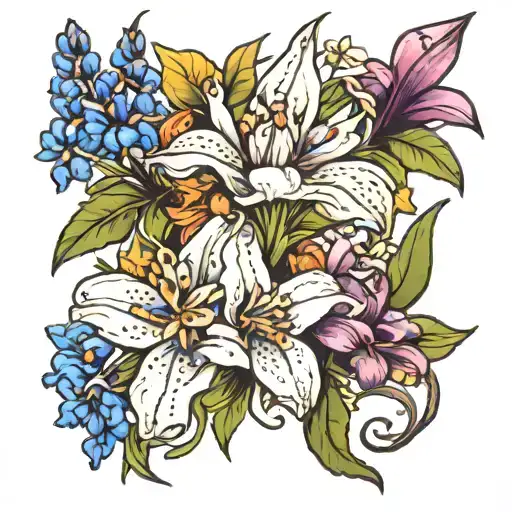lupine flower and lily flower intertwined tattoo design idea