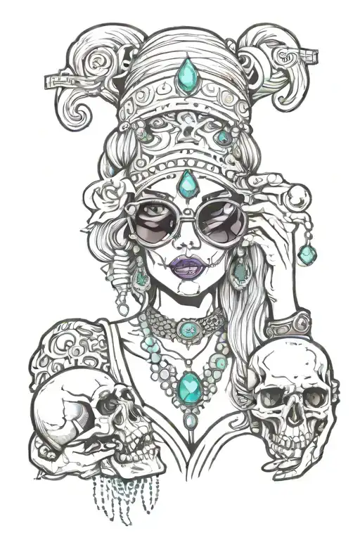 blonde blindfolded gypsy side profile holding a crystal ball with a skull inside tattoo design idea