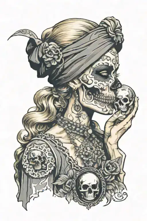 blonde blindfolded gypsy side profile holding a crystal ball with a skull inside tattoo design idea