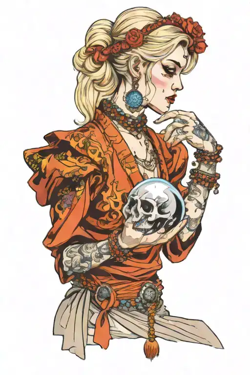 blonde gypsy side profile holding a crystal ball with a skull inside tattoo design idea