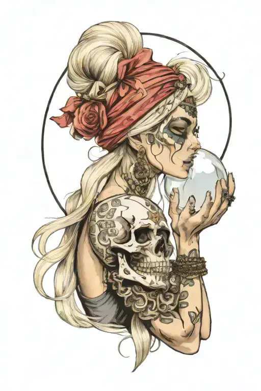 blonde blindfolded gypsy side profile holding a crystal ball with a skull inside tattoo design idea