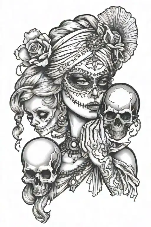 blonde blindfolded gypsy girl side profil with crystal ball with a skull inside tattoo design idea