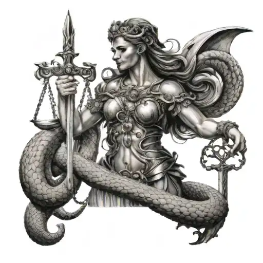  goddess Themis, scales in one hand, a sword in the other, a sword pierces a snake. One leg presses the snake's head tattoo design idea