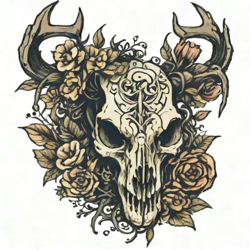 deer skull dead snapdragons mushrooms flowers intertwined tattoo design idea
